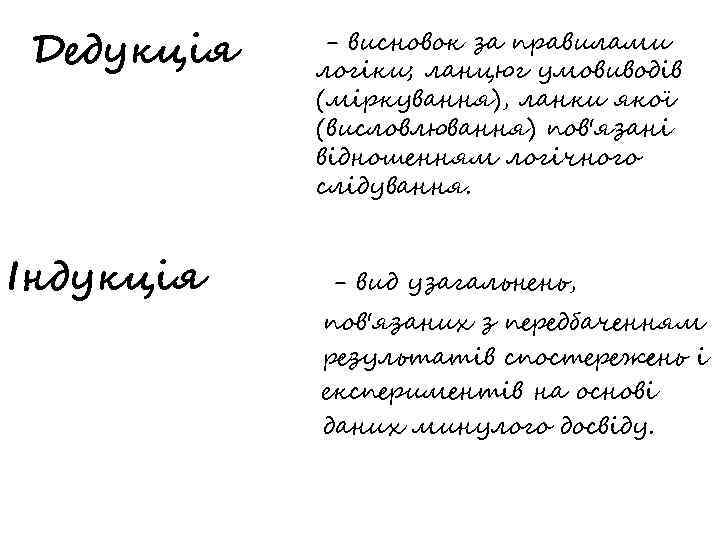 Дедукція Індукція - висновок за правилами логіки; ланцюг умовиводів (міркування), ланки якої (висловлювання) пов'язані