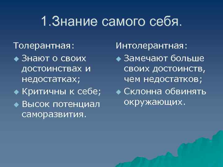 1. Знание самого себя. Толерантная: u Знают о своих достоинствах и недостатках; u Критичны