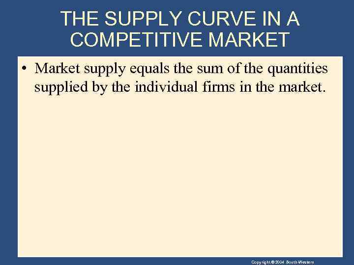 THE SUPPLY CURVE IN A COMPETITIVE MARKET • Market supply equals the sum of