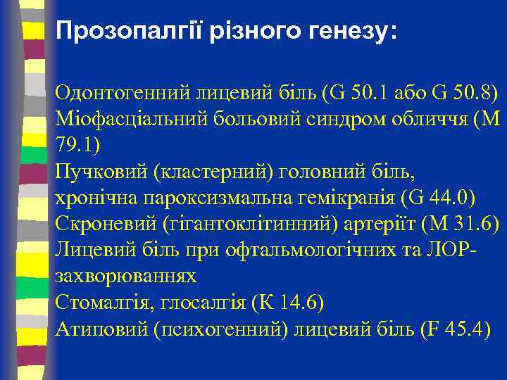 Прозопалгії різного генезу: Одонтогенний лицевий біль (G 50. 1 або G 50. 8) Міофасціальний