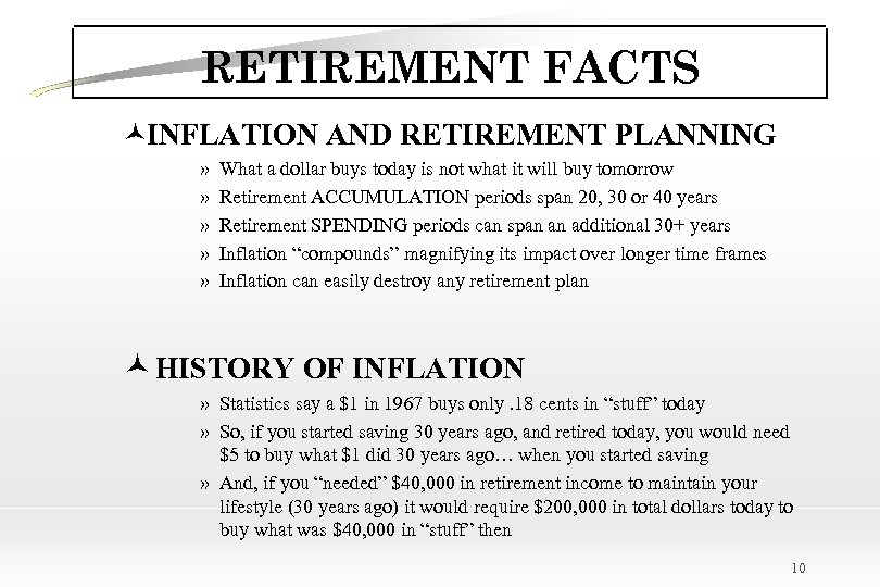 RETIREMENT FACTS ©INFLATION AND RETIREMENT PLANNING » » » What a dollar buys today