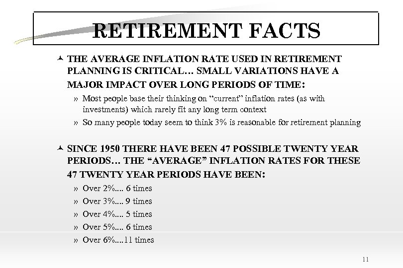 RETIREMENT FACTS © THE AVERAGE INFLATION RATE USED IN RETIREMENT PLANNING IS CRITICAL… SMALL