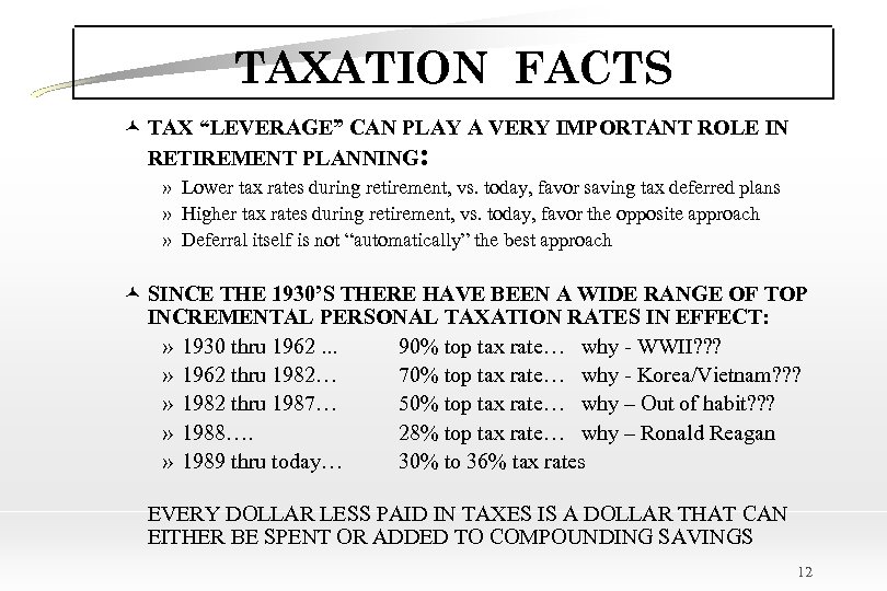 TAXATION FACTS © TAX “LEVERAGE” CAN PLAY A VERY IMPORTANT ROLE IN RETIREMENT PLANNING: