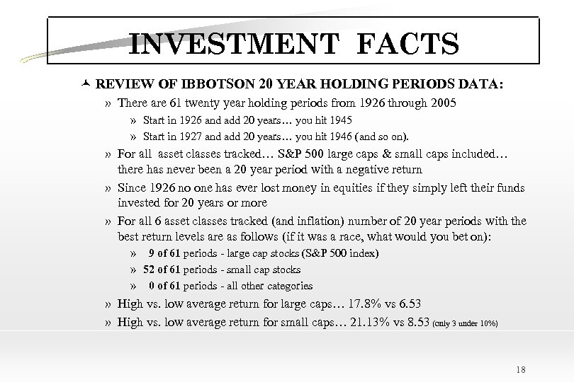 INVESTMENT FACTS © REVIEW OF IBBOTSON 20 YEAR HOLDING PERIODS DATA: » There are