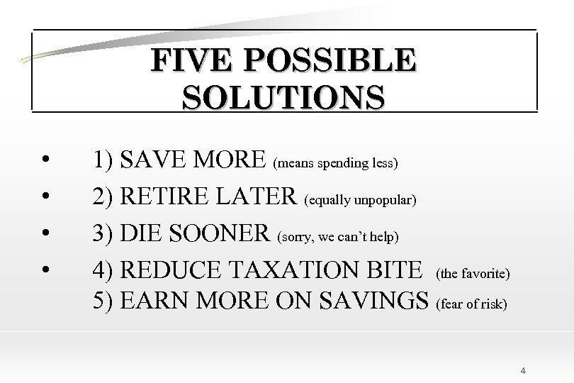 FIVE POSSIBLE SOLUTIONS • • 1) SAVE MORE (means spending less) 2) RETIRE LATER
