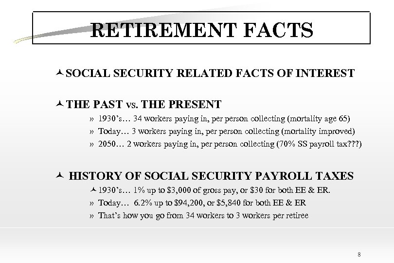 RETIREMENT FACTS ©SOCIAL SECURITY RELATED FACTS OF INTEREST ©THE PAST VS. THE PRESENT »
