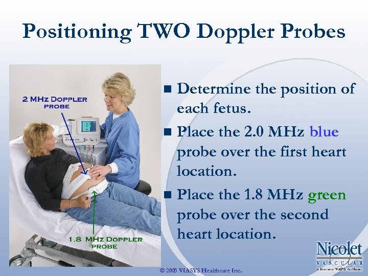 Positioning TWO Doppler Probes Determine the position of each fetus. n Place the 2.