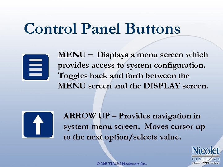 Control Panel Buttons MENU – Displays a menu screen which provides access to system