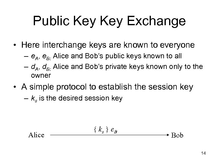 Public Key Exchange • Here interchange keys are known to everyone – e. A,