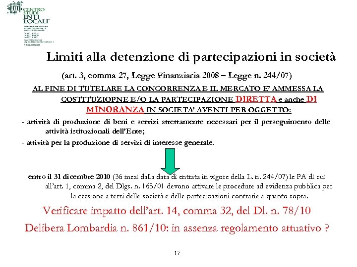 Limiti alla detenzione di partecipazioni in società (art. 3, comma 27, Legge Finanziaria 2008