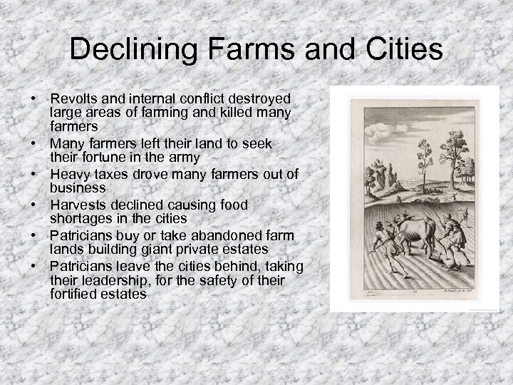 Declining Farms and Cities • Revolts and internal conflict destroyed large areas of farming