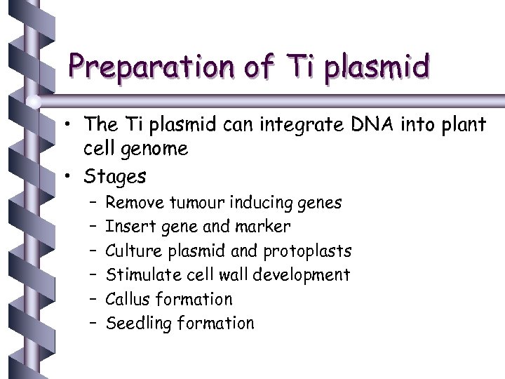 Preparation of Ti plasmid • The Ti plasmid can integrate DNA into plant cell