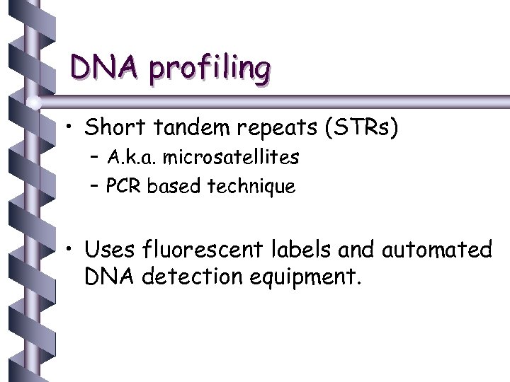 DNA profiling • Short tandem repeats (STRs) – A. k. a. microsatellites – PCR