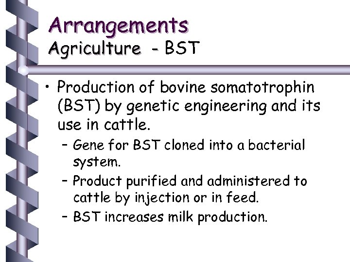 Arrangements Agriculture - BST • Production of bovine somatotrophin (BST) by genetic engineering and