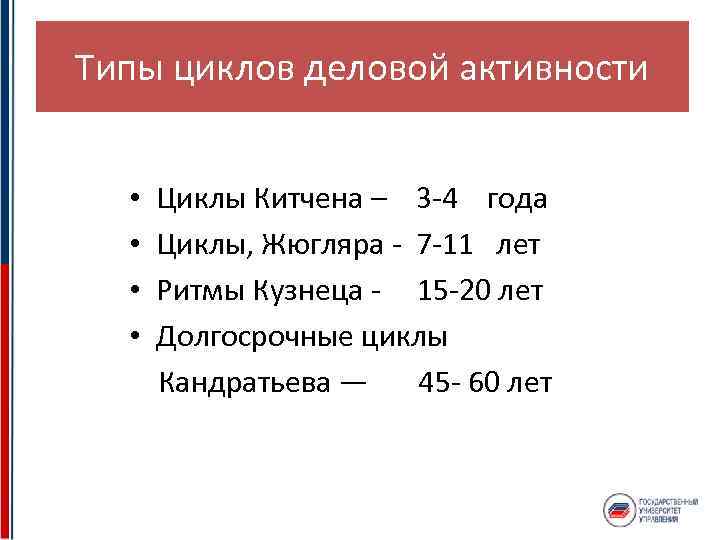 Типы циклов деловой активности • Циклы Китчена – 3 -4 года • Циклы, Жюгляра