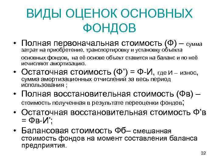 ВИДЫ ОЦЕНОК ОСНОВНЫХ ФОНДОВ • Полная первоначальная стоимость (Ф) – сумма затрат на приобретение,