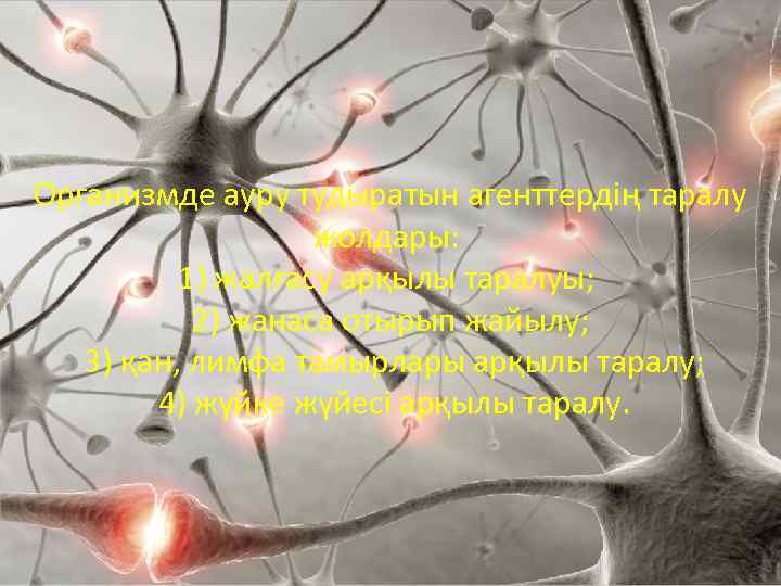 Организмде ауру тудыратын агенттердің таралу жолдары: 1) жалғасу арқылы таралуы; 2) жанаса отырып жайылу;