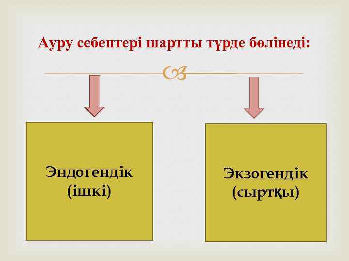 Ауру себептері шартты түрде бөлінеді: Эндогендік (ішкі) Экзогендік (сыртқы) 