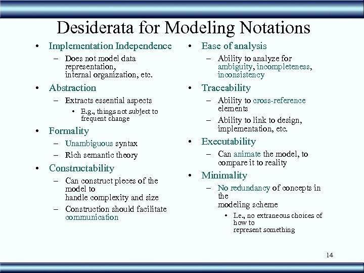 Desiderata for Modeling Notations • Implementation Independence – Does not model data representation, internal