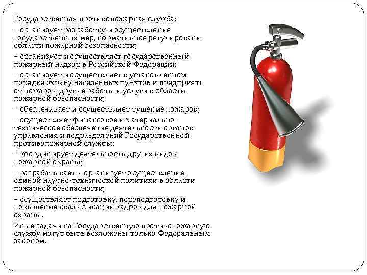 Государственная противопожарная служба: – организует разработку и осуществление государственных мер, нормативное регулирование в области