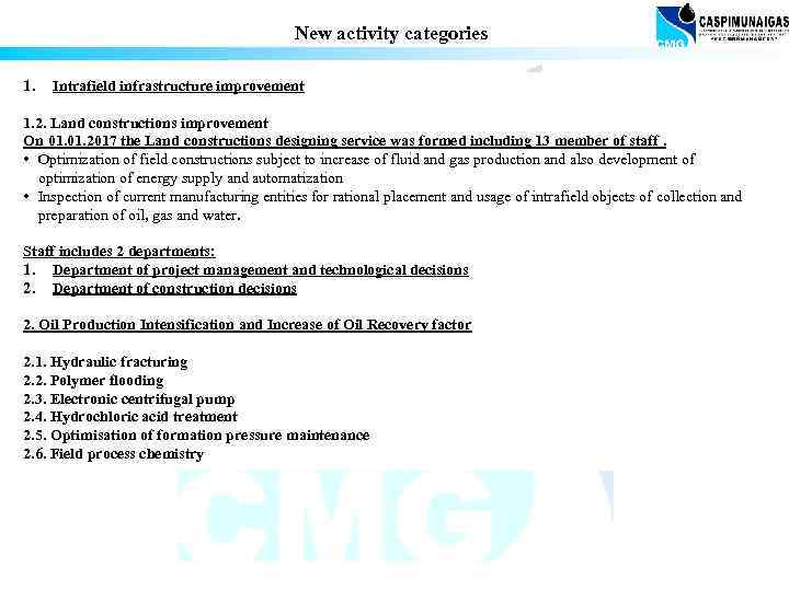 New activity categories 1. Intrafield infrastructure improvement 1. 2. Land constructions improvement On 01.