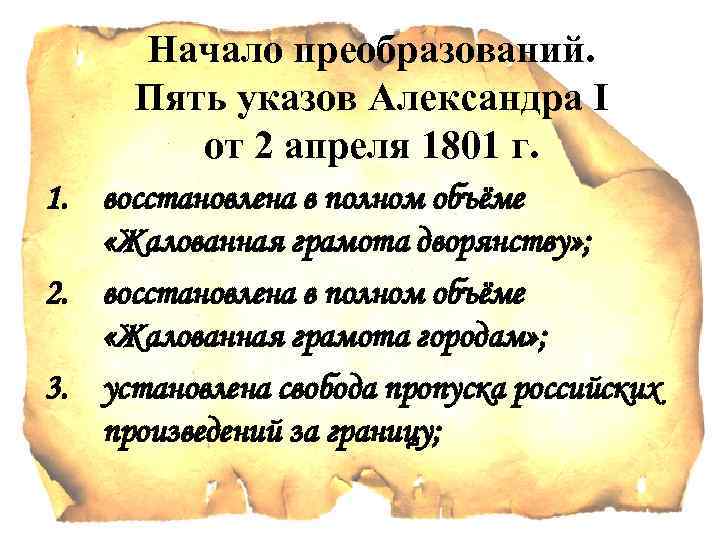 Начало преобразований. Пять указов Александра I от 2 апреля 1801 г. 1. восстановлена в