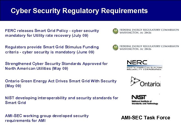 Cyber Security Regulatory Requirements FERC releases Smart Grid Policy - cyber security mandatory for
