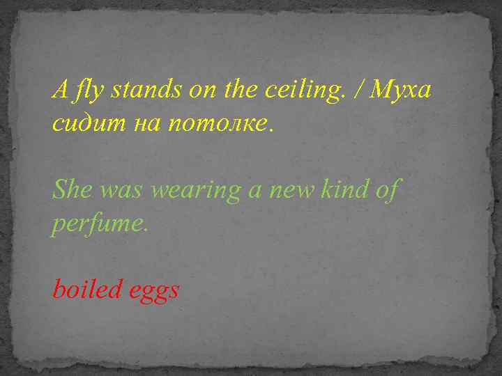 А fly stands on the ceiling. / Муха сидит на потолке. She was wearing