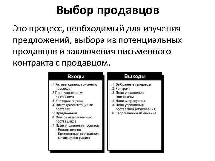 Выбор продавцов Это процесс, необходимый для изучения предложений, выбора из потенциальных продавцов и заключения