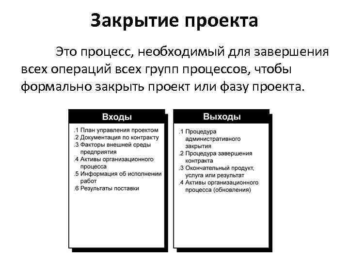 Закрытие проекта Это процесс, необходимый для завершения всех операций всех групп процессов, чтобы формально