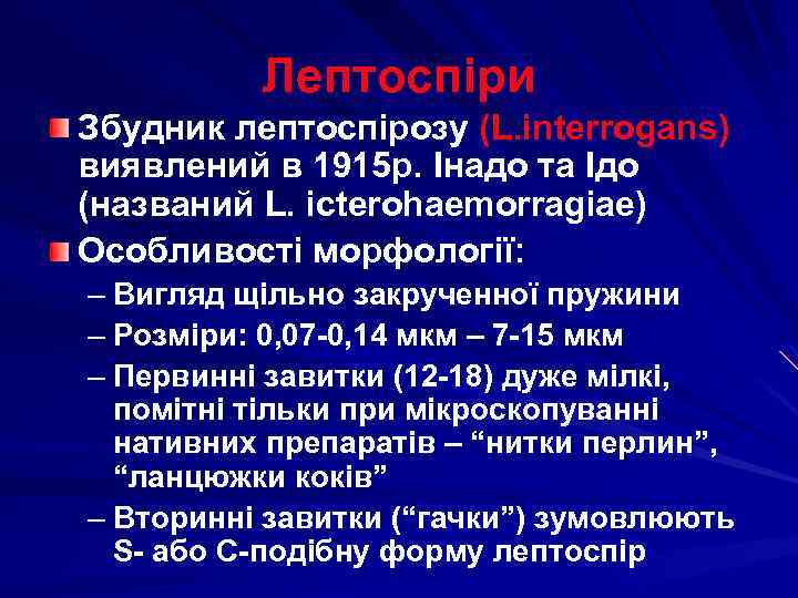 Лептоспіри Збудник лептоспірозу (L. interrogans) виявлений в 1915 р. Інадо та Ідо (названий L.