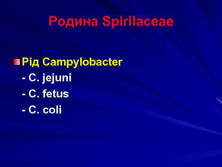 Родина Spirilaceae Рід Campylobacter - C. jejuni - C. fetus - C. coli 