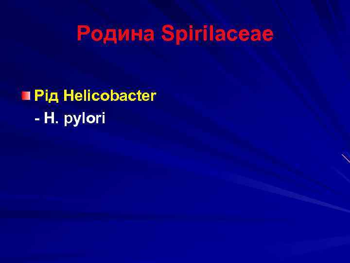 Родина Spirilaceae Рід Helicobacter - H. pylori 