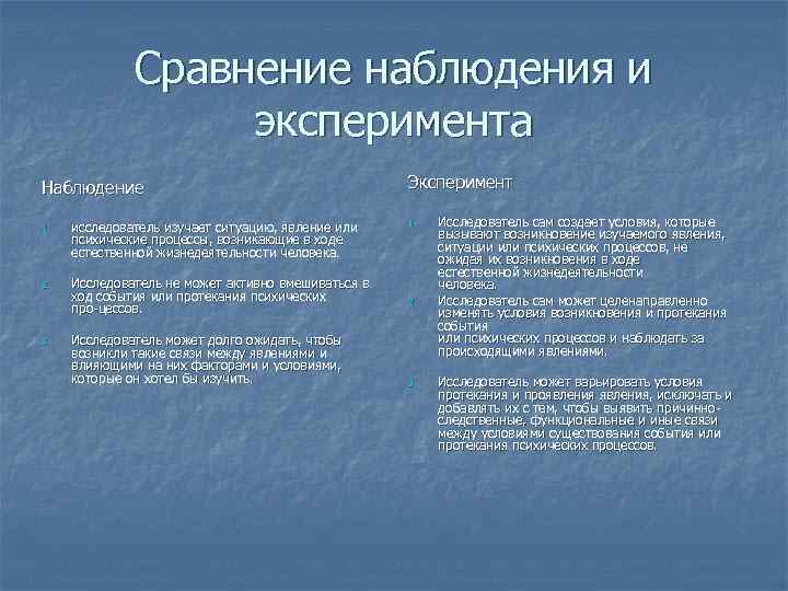 Сравнение наблюдения и эксперимента Наблюдение 1. исследователь изучает ситуацию, явление или психические процессы, возникающие