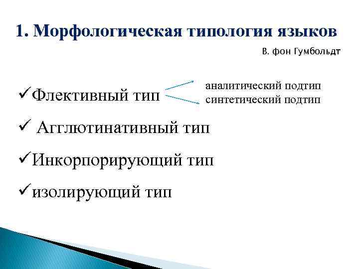 1. Морфологическая типология языков В. фон Гумбольдт üФлективный тип аналитический подтип синтетический подтип ü