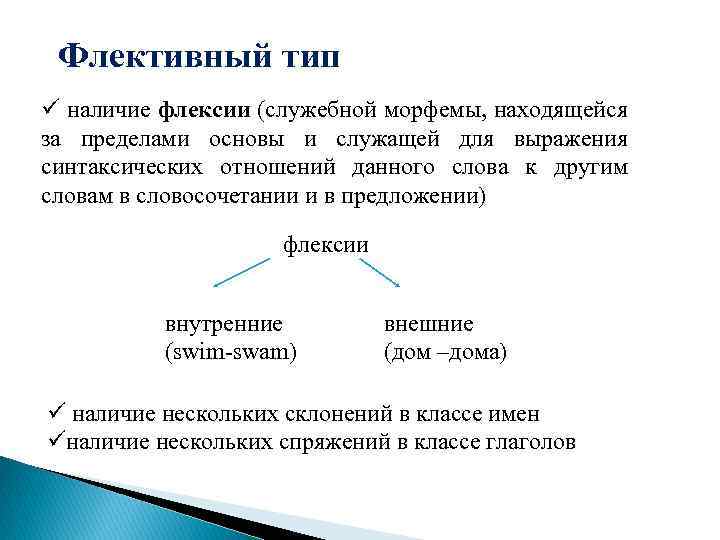 Флективный тип ü наличие флексии (служебной морфемы, находящейся за пределами основы и служащей для