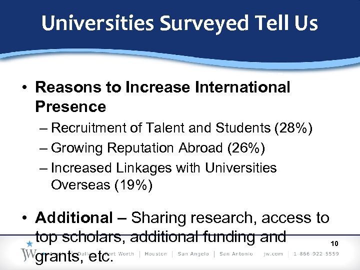 Universities Surveyed Tell Us • Reasons to Increase International Presence – Recruitment of Talent