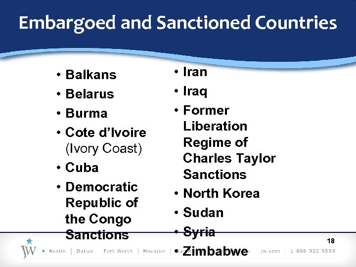 Embargoed and Sanctioned Countries • • Balkans Belarus Burma Cote d’Ivoire (Ivory Coast) •
