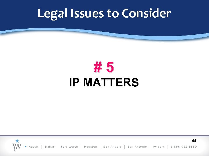 Legal Issues to Consider #5 IP MATTERS 44 