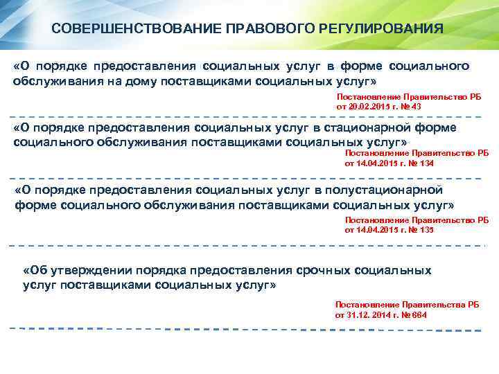 СОВЕРШЕНСТВОВАНИЕ ПРАВОВОГО РЕГУЛИРОВАНИЯ «О порядке предоставления социальных услуг в форме социального обслуживания на дому
