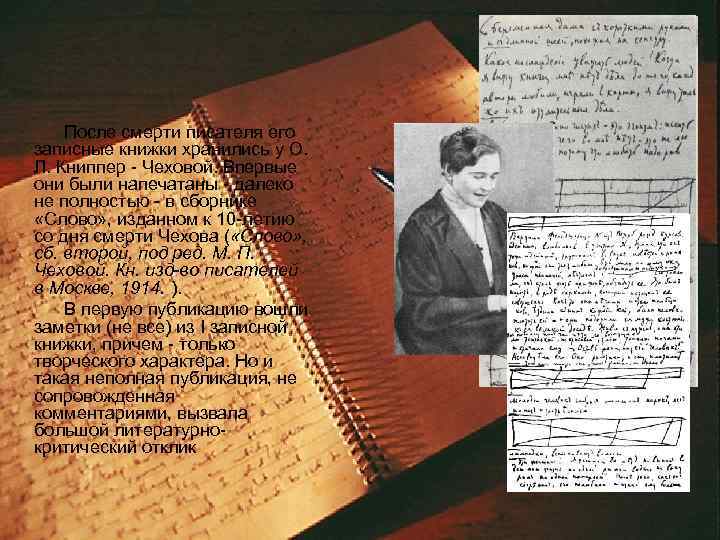 После смерти писателя его записные книжки хранились у О. Л. Книппер - Чеховой. Впервые