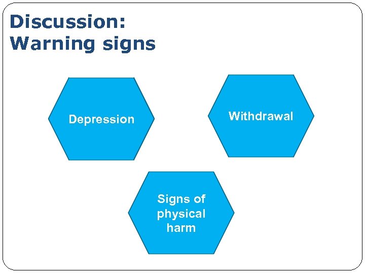 Discussion: Warning signs Withdrawal Depression Signs of physical harm 