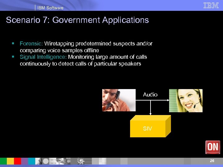 IBM Software Scenario 7: Government Applications § Forensic: Wiretapping predetermined suspects and/or comparing voice