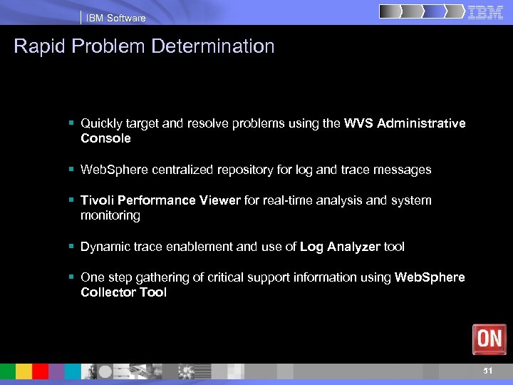 IBM Software Rapid Problem Determination § Quickly target and resolve problems using the WVS