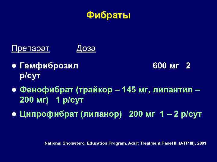 Фибраты Препарат Доза l Гемфиброзил р/сут 600 мг 2 l Фенофибрат (трайкор – 145