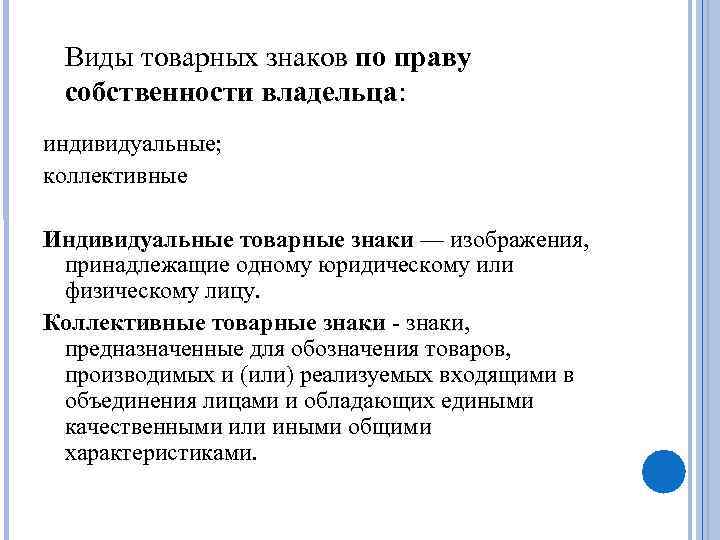 Виды товарных знаков по праву собственности владельца: индивидуальные; коллективные Индивидуальные товарные знаки — изображения,