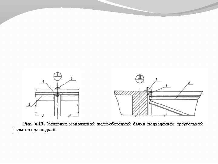 Рис. 6. 13. Усиление монолитной железобетонной балки подведением треугольной фермы с прокладкой. 