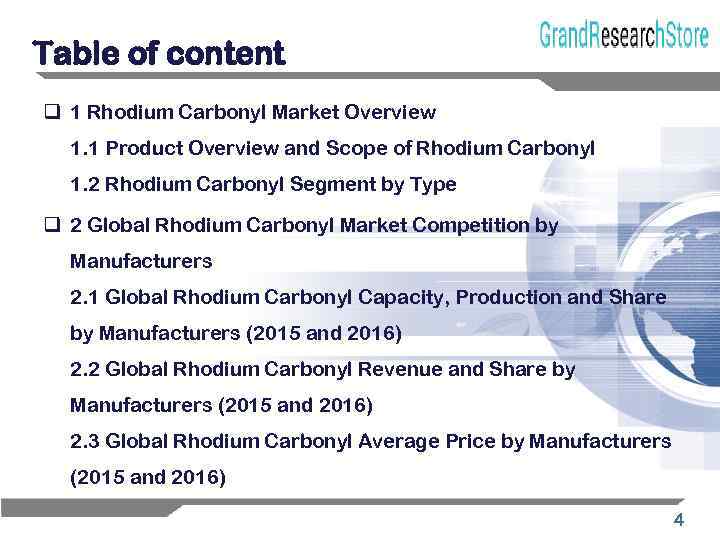 Table of content q 1 Rhodium Carbonyl Market Overview 1. 1 Product Overview and