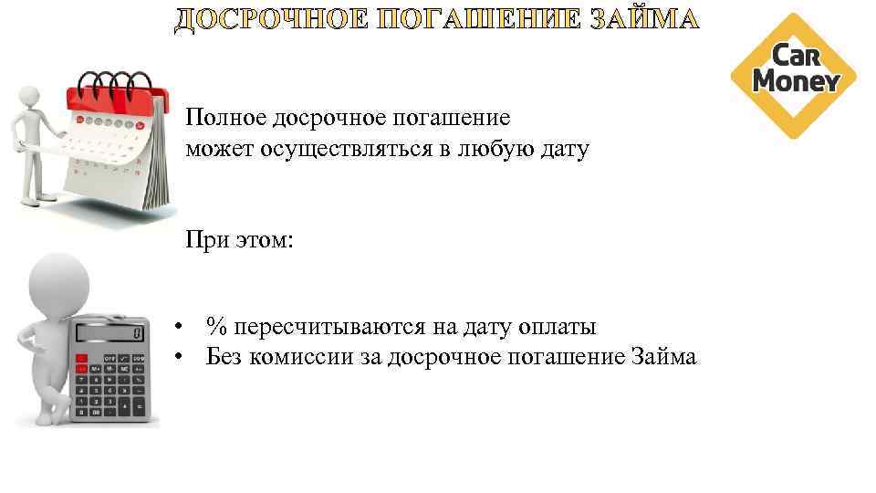 ДОСРОЧНОЕ ПОГАШЕНИЕ ЗАЙМА Полное досрочное погашение может осуществляться в любую дату При этом: •