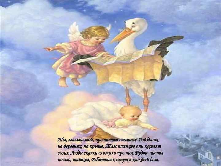 Ты, малыш мой, про аистов слышал? Гнёзда их на деревьях, на крыше. Там птенцов